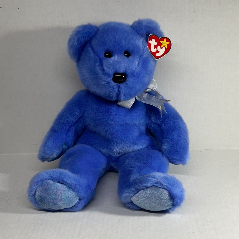 Ty Periwinkle Blue Beanie Buddy Plush Bear with Silver Ribbon 13”